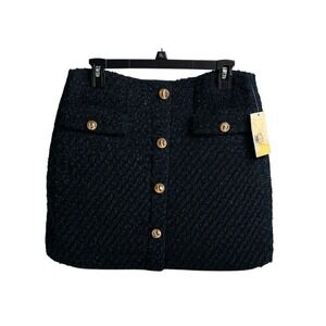 Michael Kors Women's Black Bouclé Mini Skirt Size 6 Gold Buttons NEW